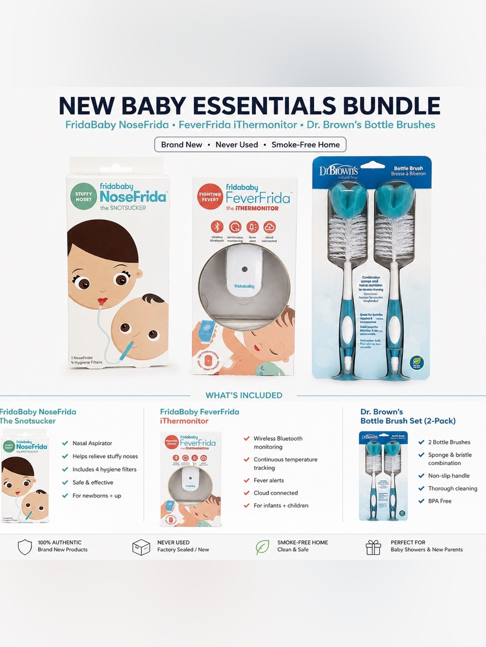 FridaBaby NoseFrida + FeverFrida + Dr. Brown’s Bottle Brushes, newborns bundle